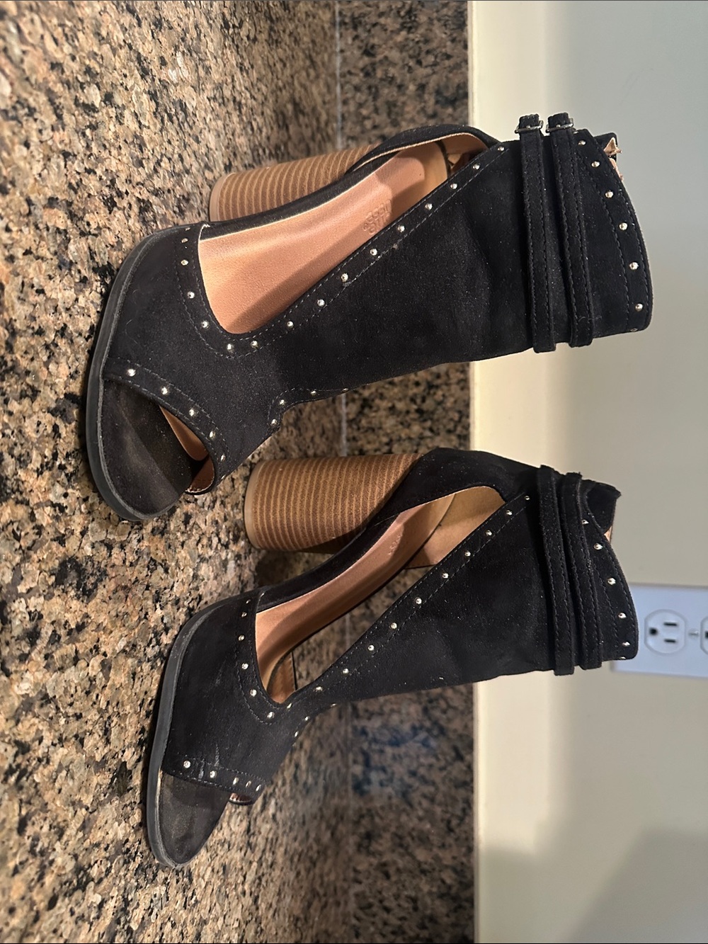 Black Suede Peep-Toe Studded Block Heel Women’s Sandals